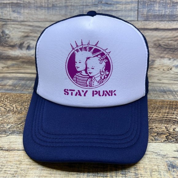 Stay Punk Mens Trucker Hat Navy Snapback Thrash Metal Grindcore Rock Ball Cap - Picture 2 of 8
